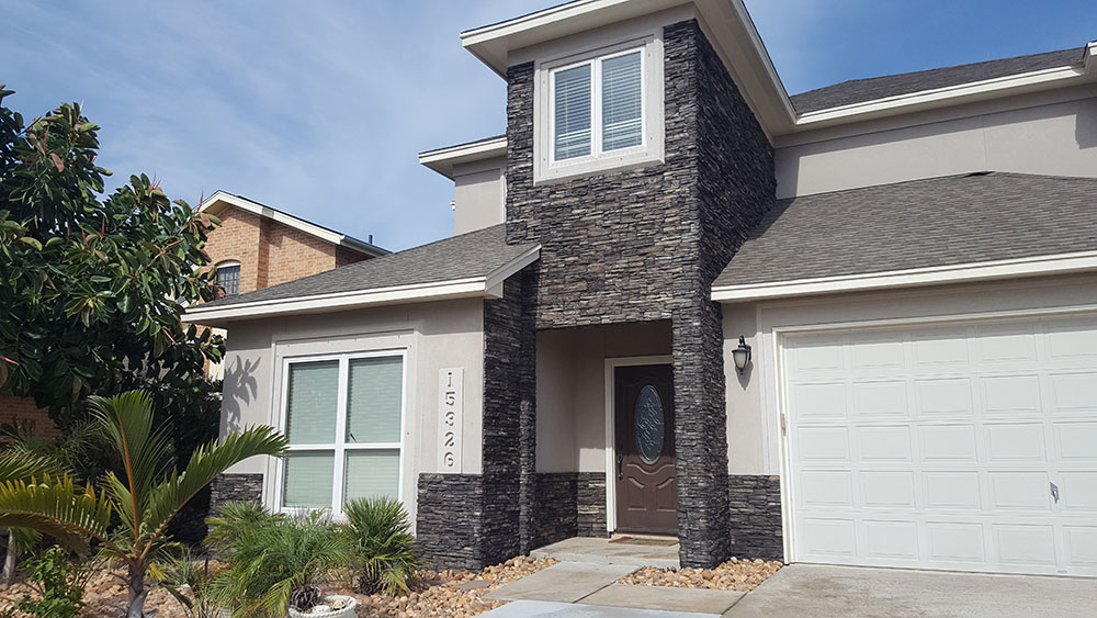 Completed stone pillars and stone work on home. 